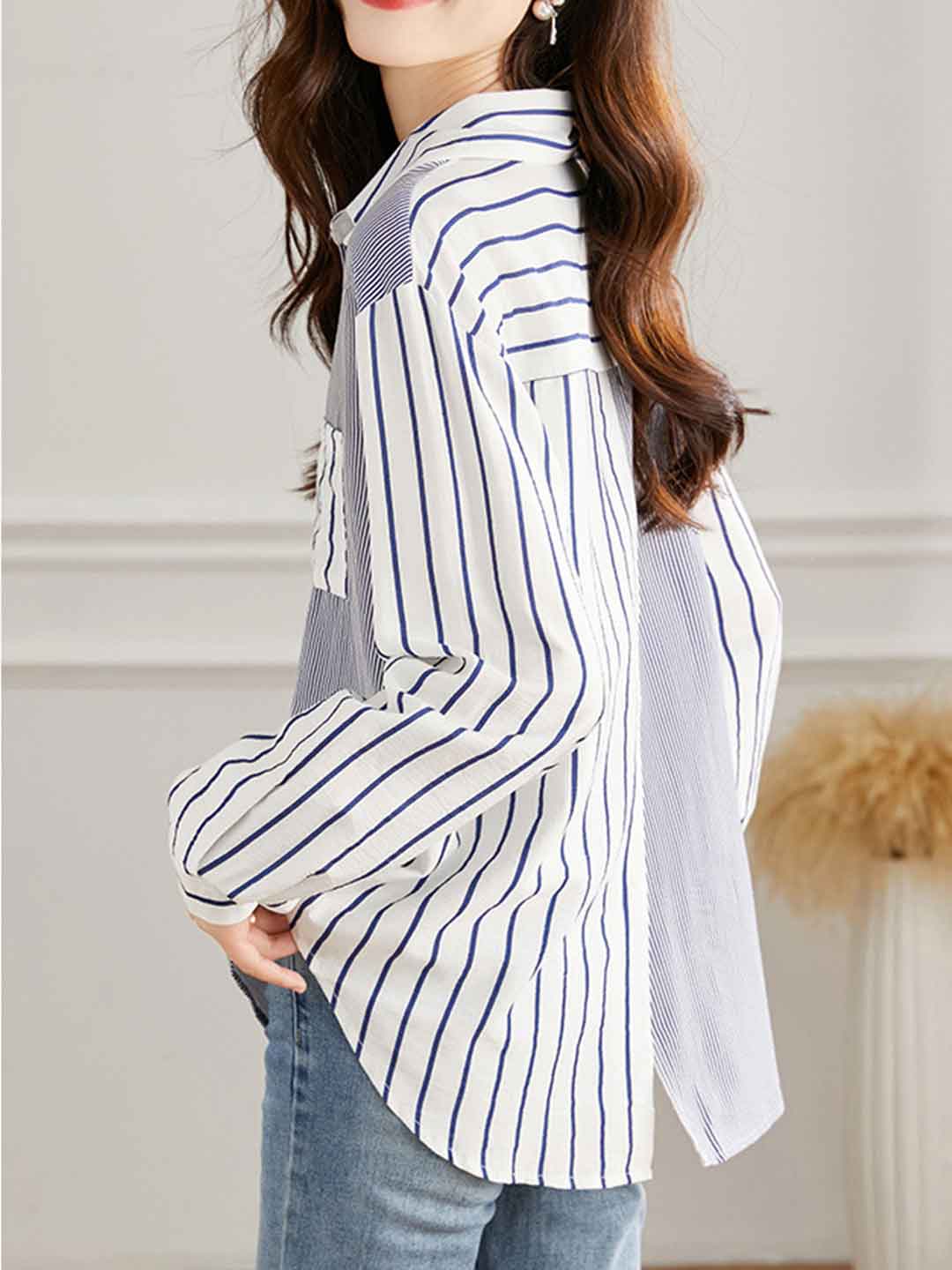 Khloe Loose Polo Collar Striped Patchwork Shirt