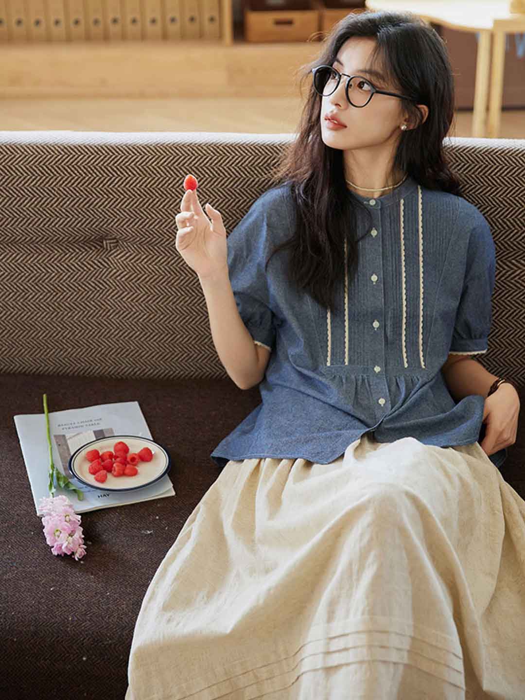 Mariah Loose Crew Neck Puff Sleeve Pleated Shirt