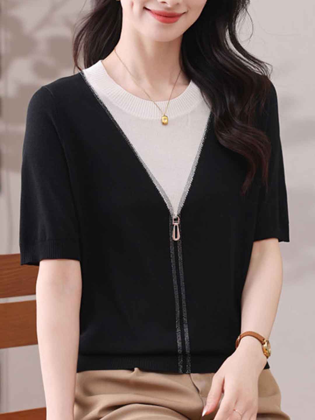 Molly Casual Crew Neck Colorblock Knitted Top