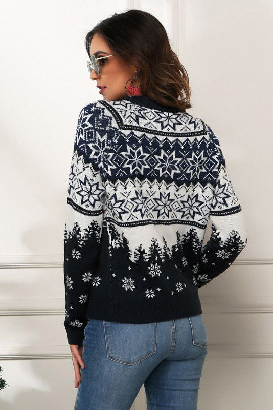 Suéter navideño con estampado de copos de nieve y camiones