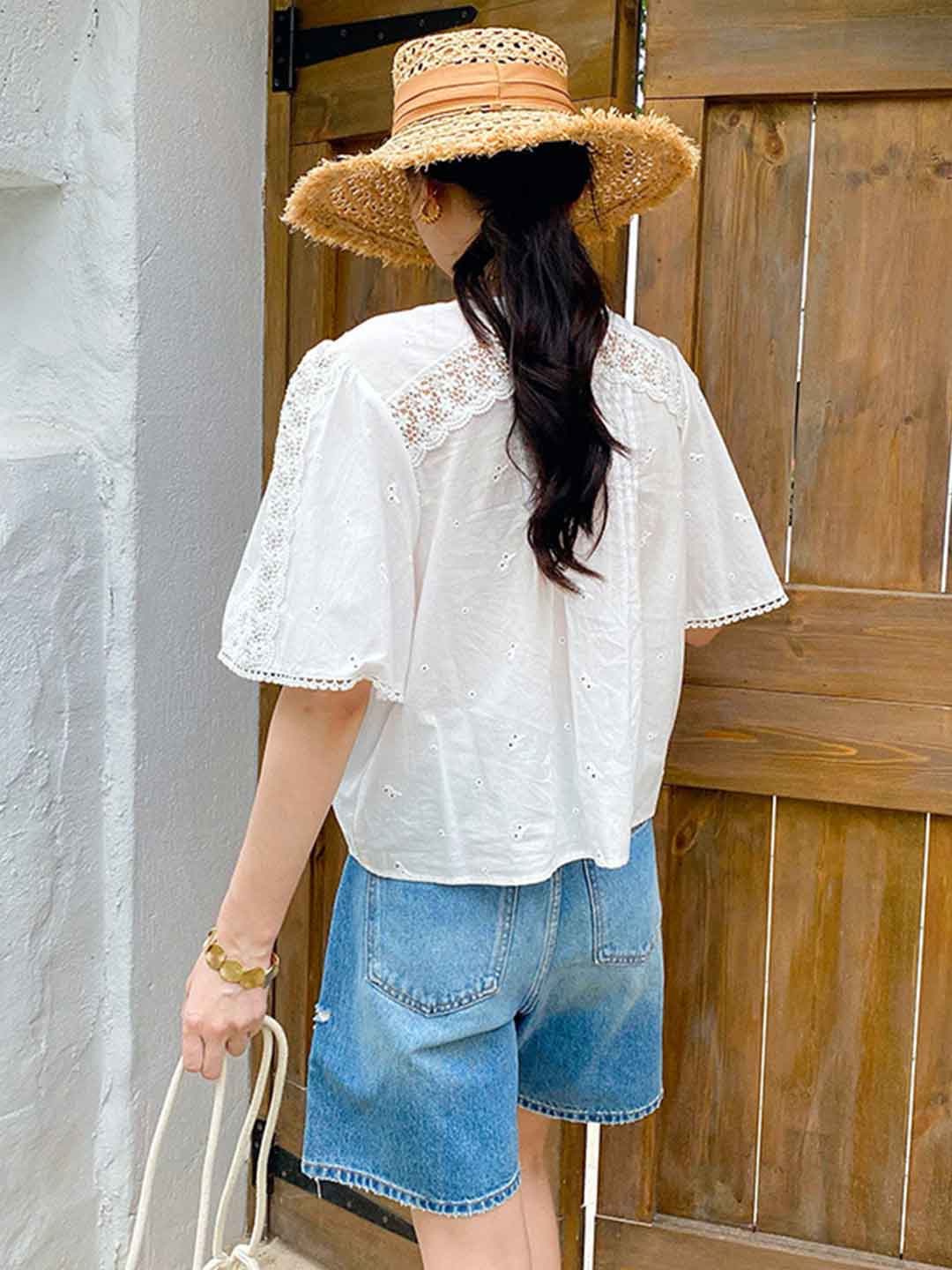 Zoe Loose Crew Neck Flare Sleeve Embroidered Top