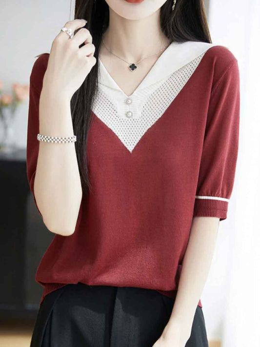 Molly Classic V-neck Contrast Color Knitted Top