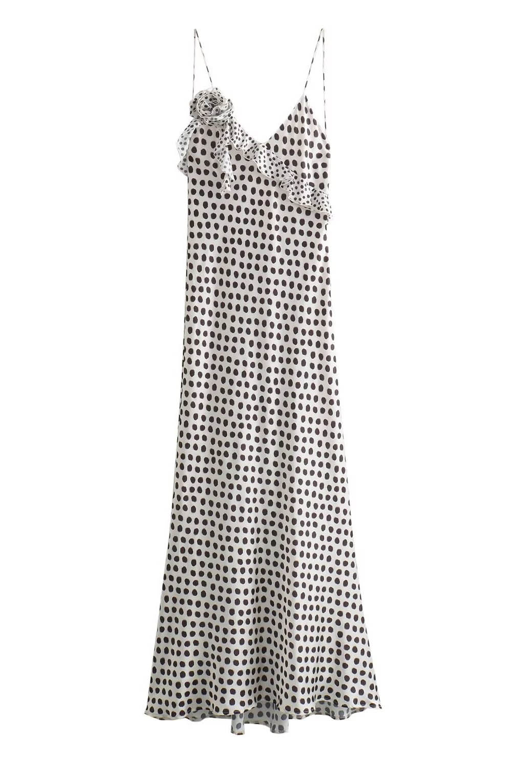 Vestido largo de guipur con volantes y tirantes con estampado de lunares de fantasía