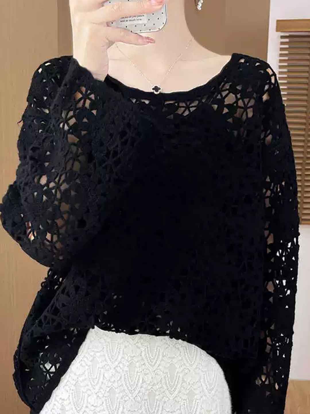 Olivia Vintage Crew Neck Embroidered Hollowed Top