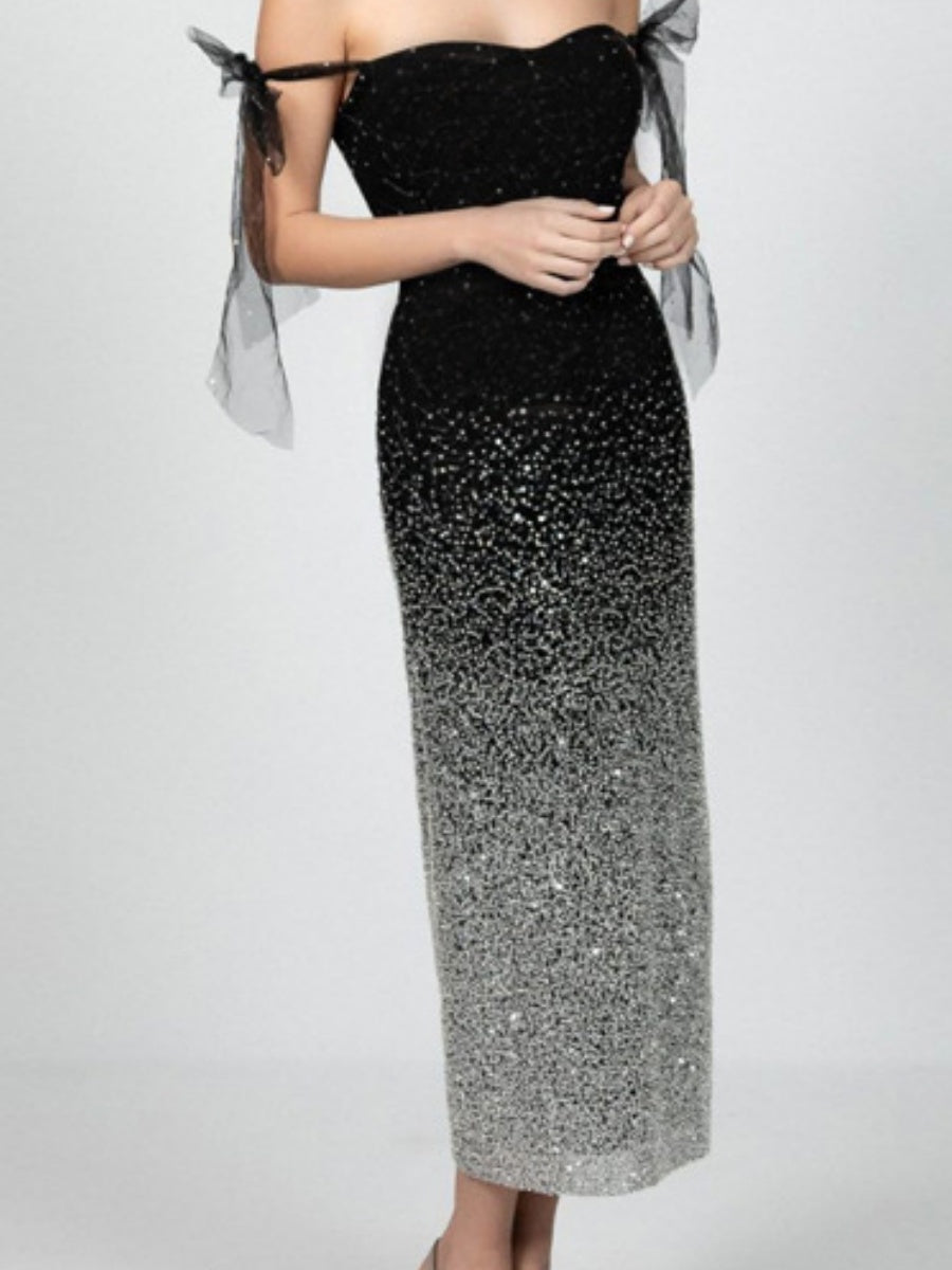 V-neck Sequins Evening Gown Raglan Sleeve Gradient Maxi Dresses