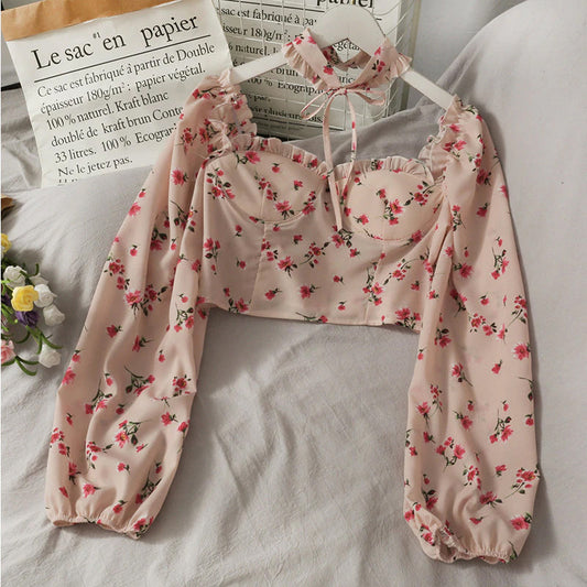 Sexy Long Sleeve Florals Elegant Crop Tops