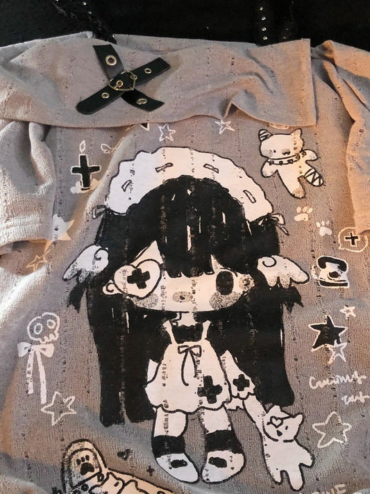 Y2K Cartoon Print Off Shoulder T-shirt