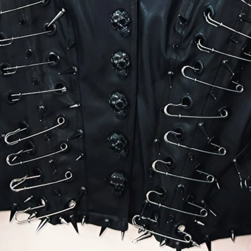 Long sleeve turnover collar PU leather skull applique top | Festival Outfits Women