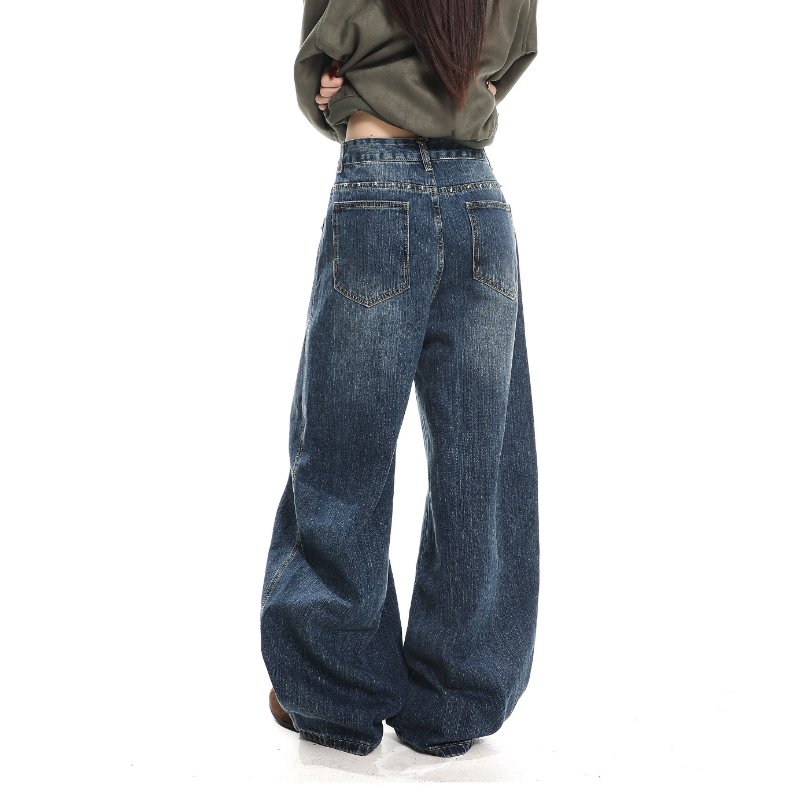 Rivet applique irregular pocket wide leg | Baggy Low Rise Jeans | Festival Outfits Women