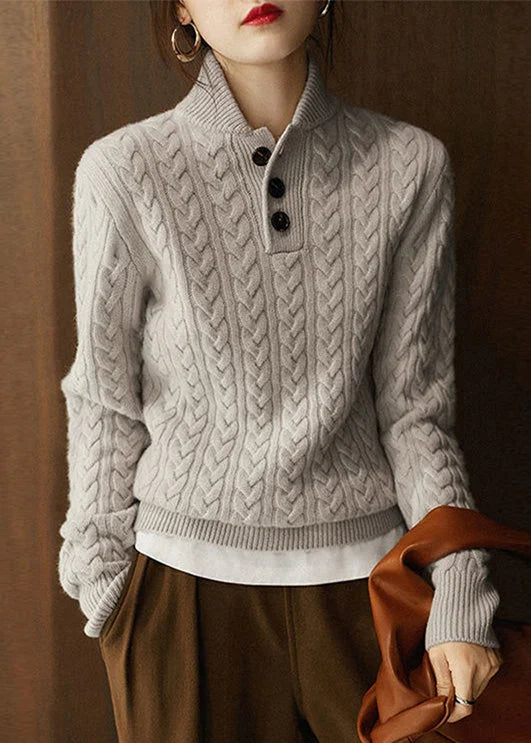 Women's Elegant Knitted Jumper with Stand Collar and Buttons | Ideal for Autumn/Winter