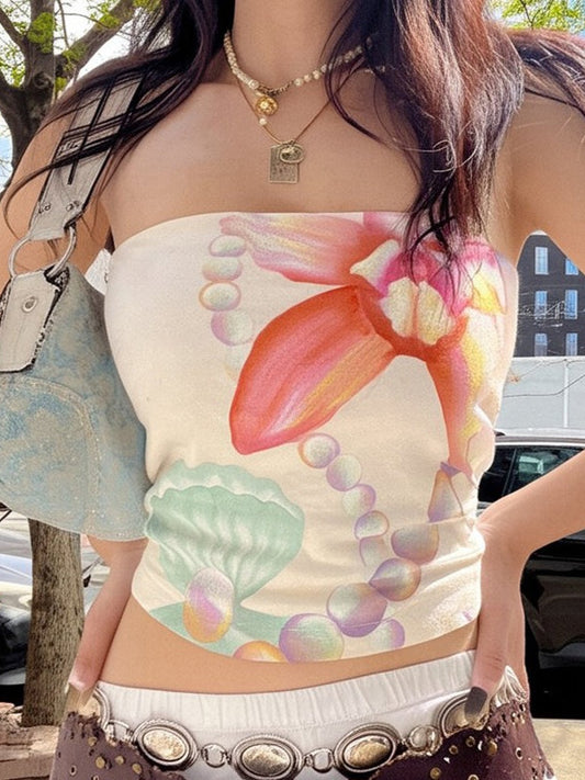 Bandeau Shell Pearl Print Slim Crop Top