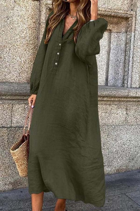 Vestido extragrande de manga larga con cuello en V y botones para mujer | Ideal para primavera/verano