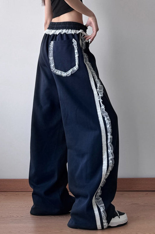 Lace Trim Wide Leg High Waist Pants