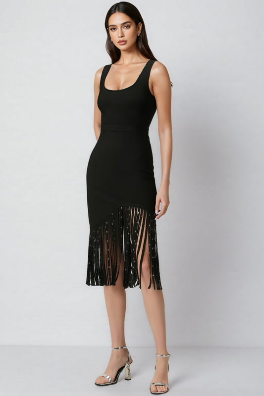 Zevian Black Fringed Midi Dress