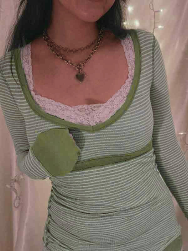 Stripe Patchwork U Neck Slim Long Sleeve Knit