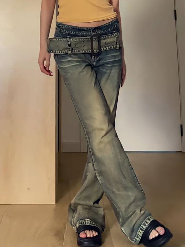 Washed Distressed Belted Flare Jeans