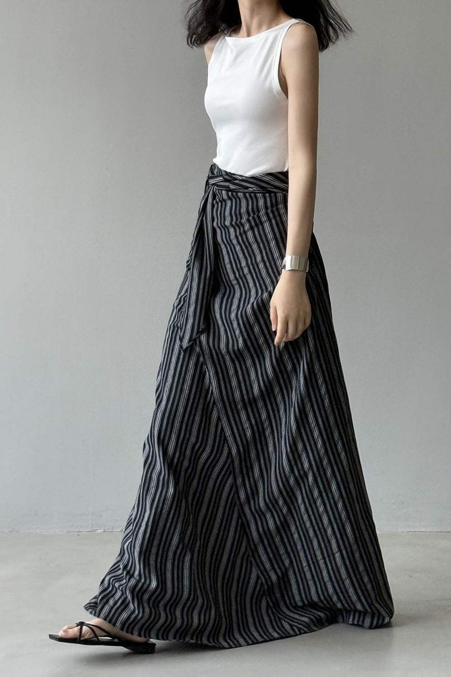 High Waist Striped Tie Waist A Line Maxi Skirt