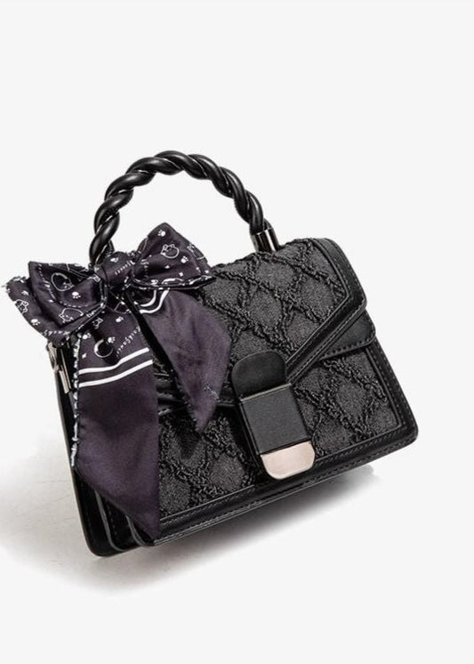Aurelia Noir - Textured Faux Leather Mini Handbag with Printed Bow