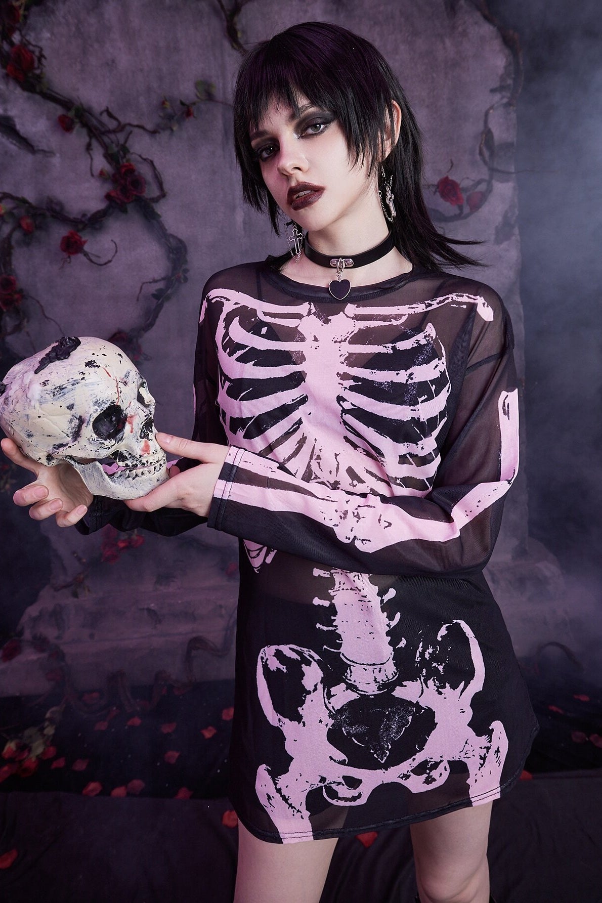 Dark Style Skull Print Mesh Knit Top
