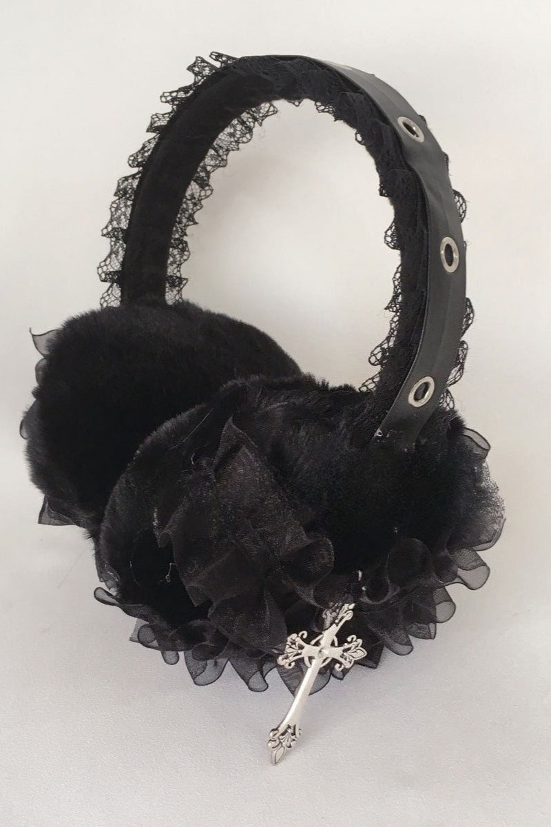 Black Lace Cross Pin Y2K Earmuff