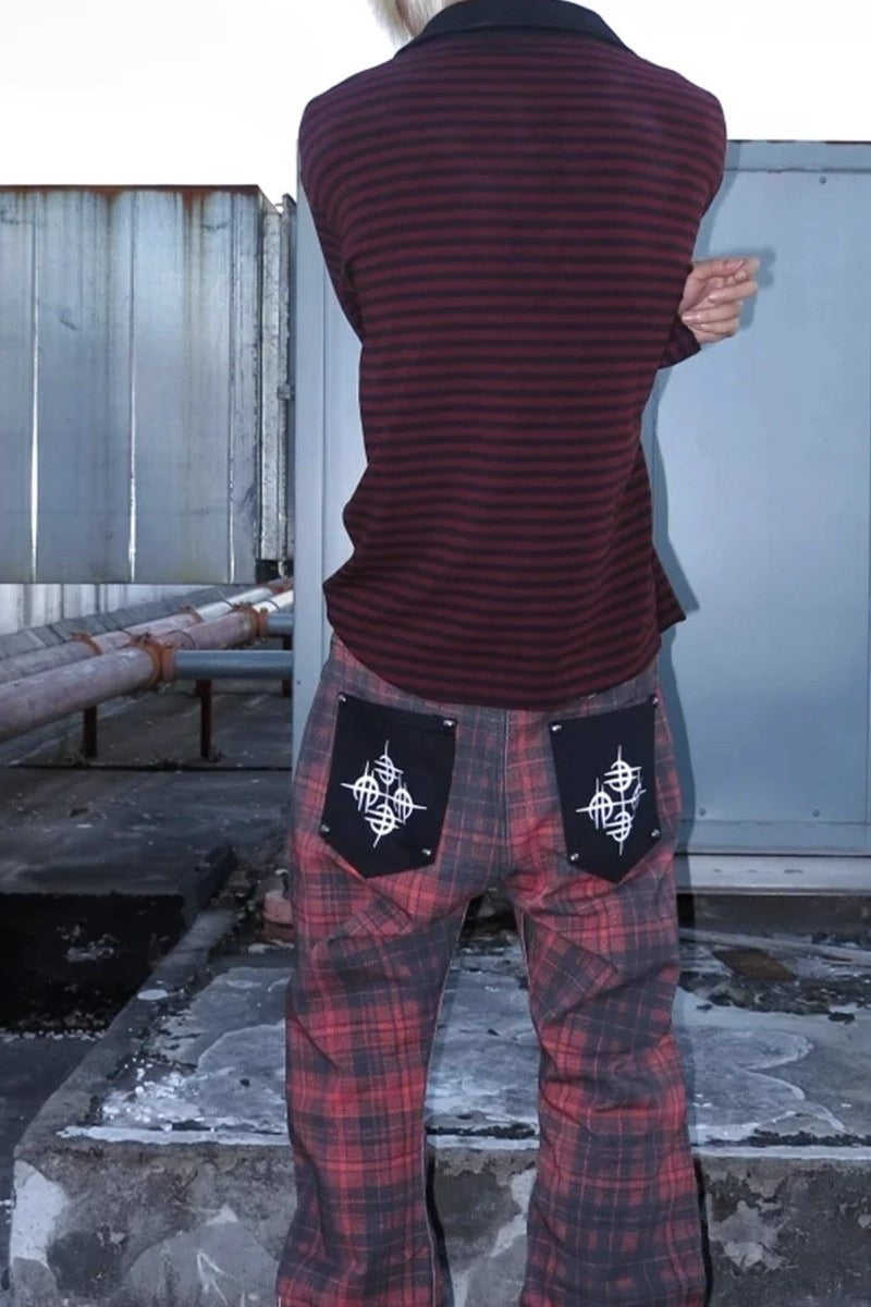 Punk Street Red Plaid Print Flare Curved Blade Denim Pants