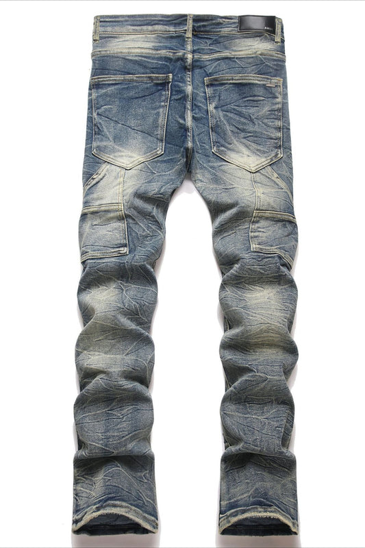 Blue Punk Stitched Badge Flare Denim Pants