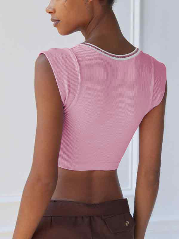 Ribbed Stitch V Neck Crop Short Sleeve Knit