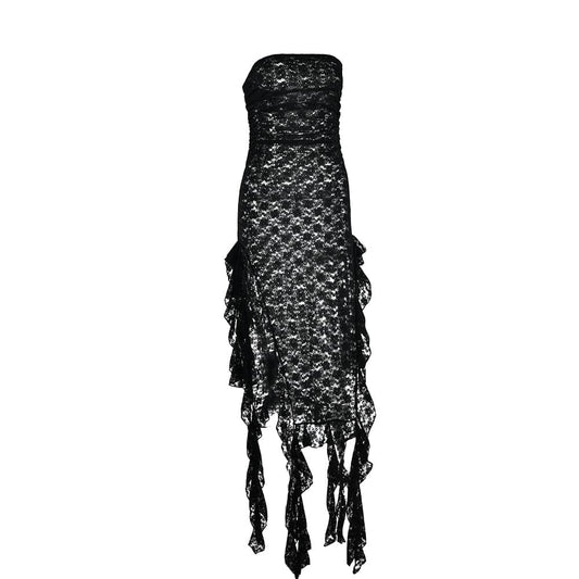 Lace ruffle solid high slit see through tube midi dress | Festival Outfits Women