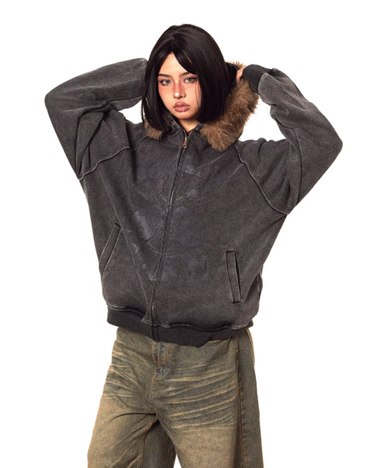 Fur-Trimmed Vintage Zip-Up Jacket