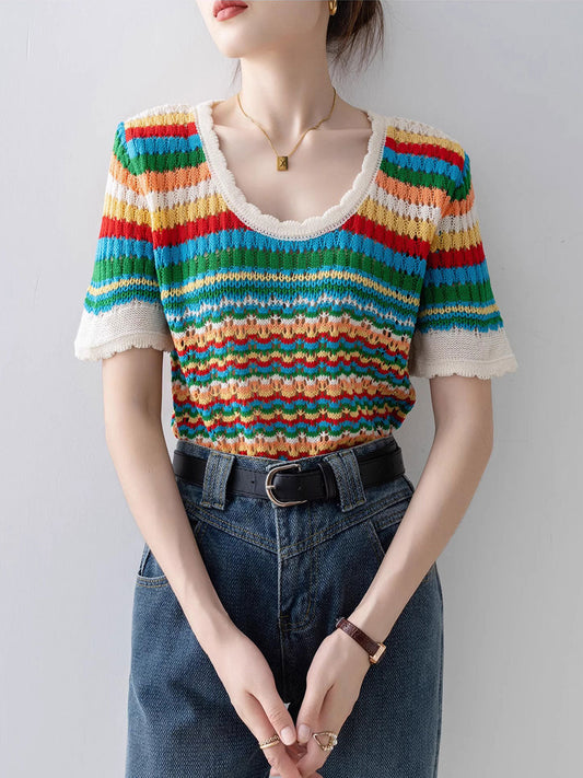 Nevaeh Classic Rainbow Striped Hollowed Knitted Top