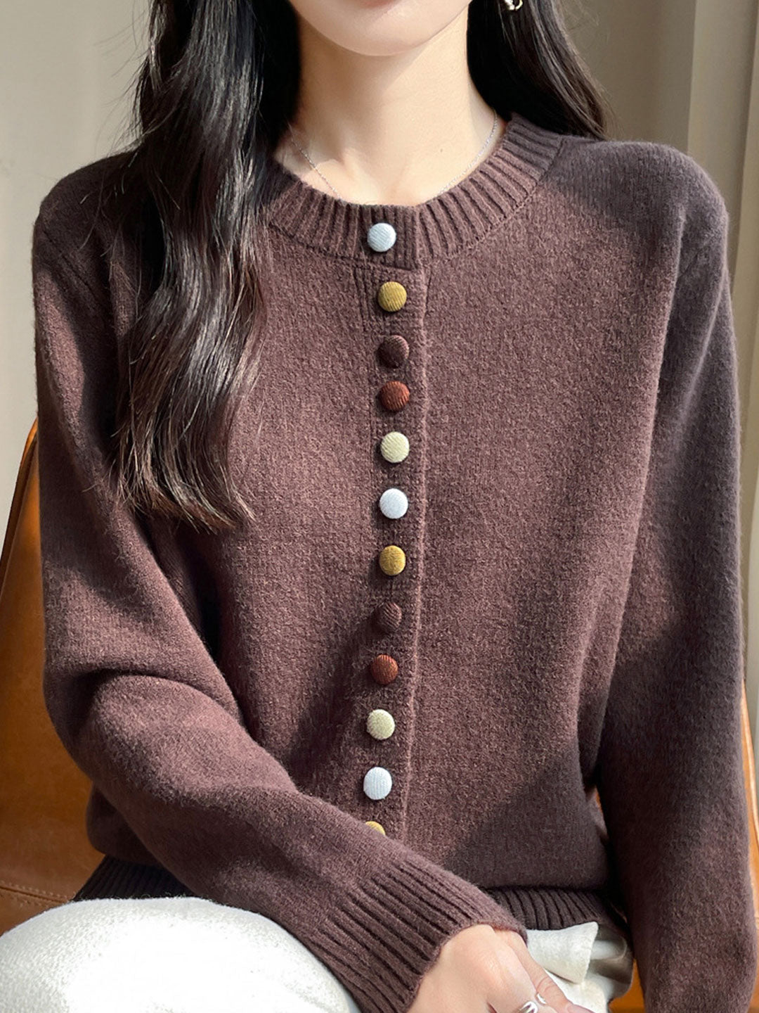 Sophia Classic Crew Neck Colorful Button Knitted Cardigan-Apricot