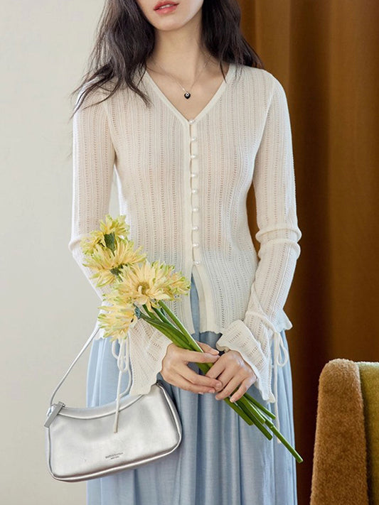 Zoe Slim V-Neck Flare Sleeve Pearl Hollowed Knitted Cardigan