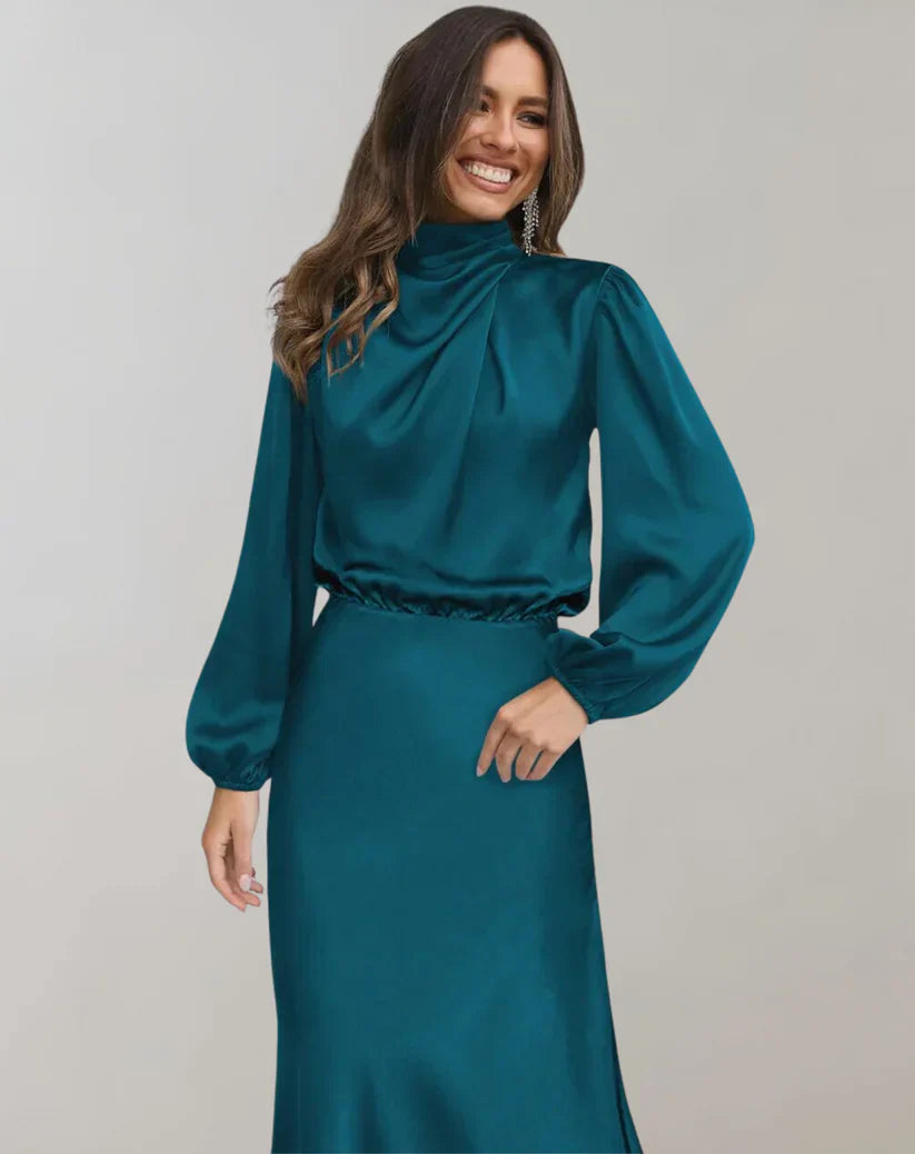 Elegante vestido de satén con cuello alto y manga larga para mujer | Ideal para primavera/verano
