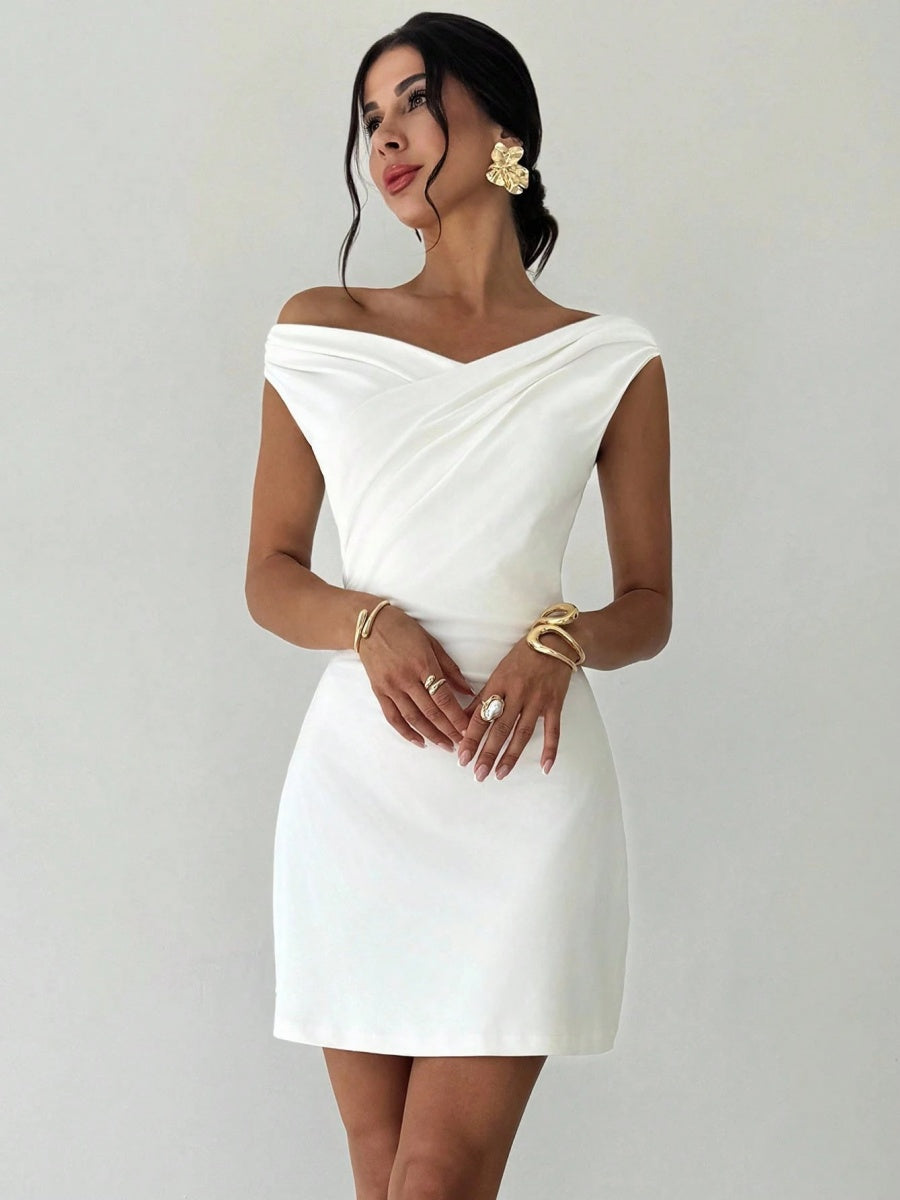 Off-the-shoulder Knitted Irregular Style Cross Neck Splicing Sleeveless Double Layer Slim-fit Short Dress