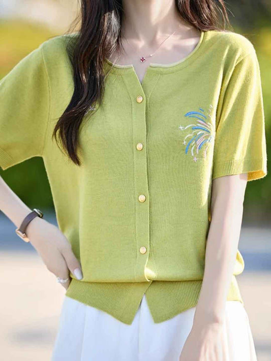 Kylie Loose Crew Neck Embroidered Knitted Cardigan