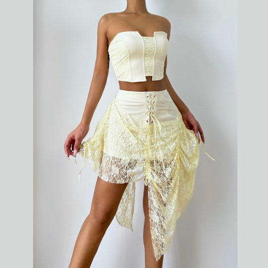 Lace up ruched lace irregular A line mini skirt | Festival Outfits Women