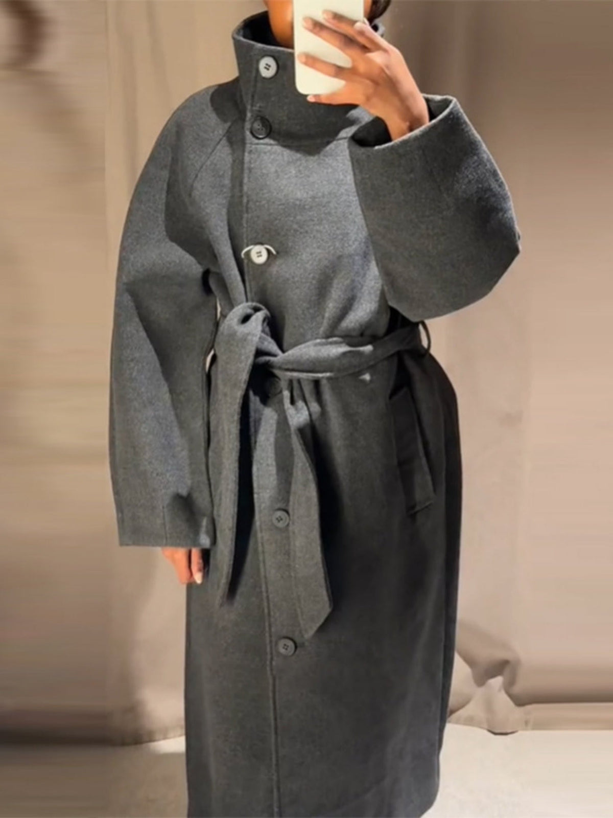 Waist-cinching Wool Coat Stand-up Collar Tie Coats