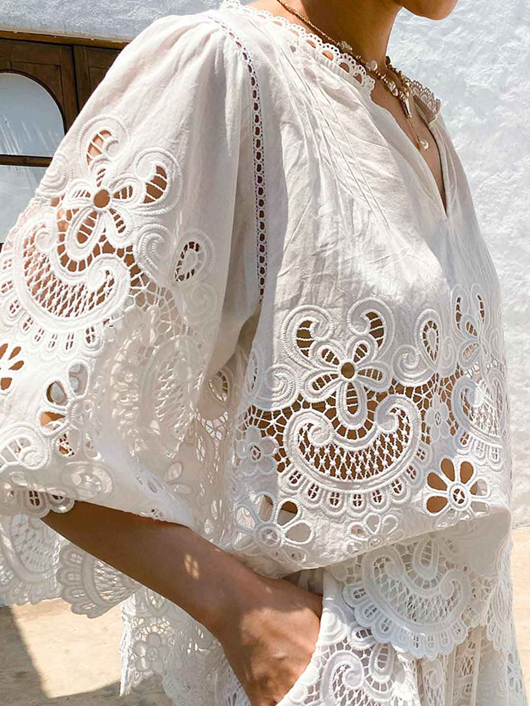 Morgan Vacation V-Neck Flare Sleeve Embroidered Lace Top
