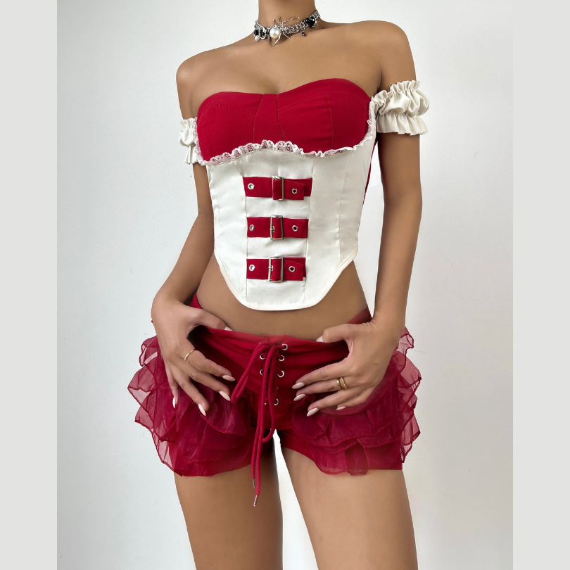 Off shoulder buckle ruffle lace up short pant set | Festival Outfits Women