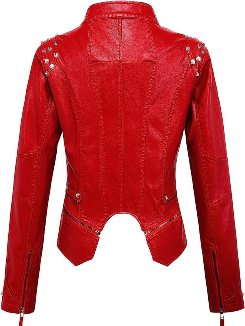 Embroidered Rivet Washed PU Leather Waist-fit Short Jacket