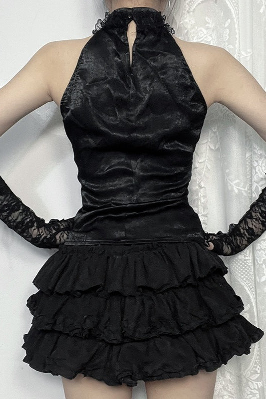 Gothic Ruched Rose Web Bow Tank Top