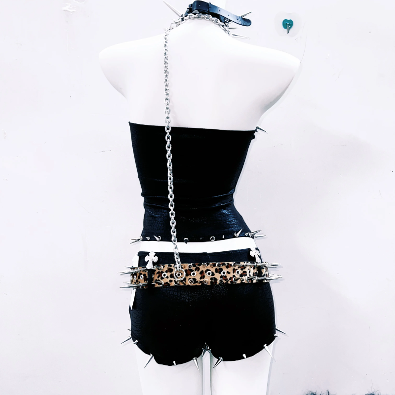 Halter PU leather rivet leopard print top | Festival Outfits Women | Cheetah Print Top