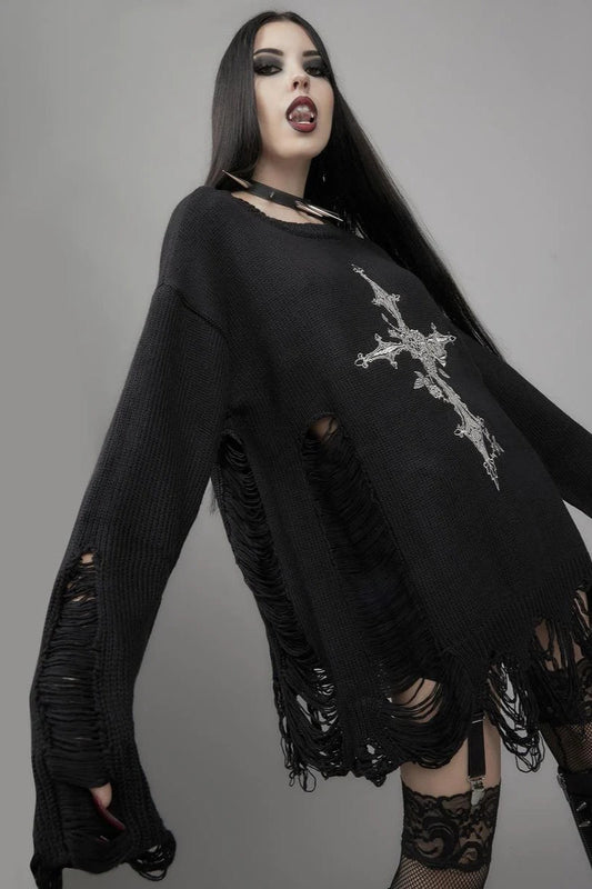Knit Cross Cutout Distressed Long Sleeve Sweater