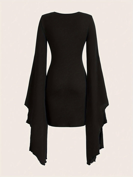 V Neck Asymmetrical Lace Dress Lace Up V Neck Asymmetrical Dress, Y2K Long Sleeve Dress For & Fall, Clothing