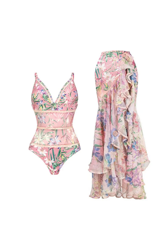 Mesh Patchwork Printed Swimsuit Set