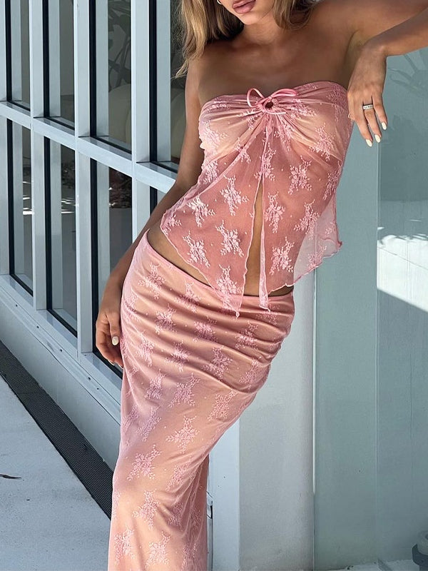 Perspective Lace Tube Top Mid Length Dress Two Piece