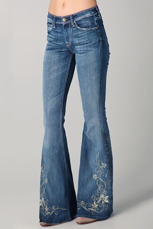 Unique Printed High-waisted Pocket Casual Flared Jeans