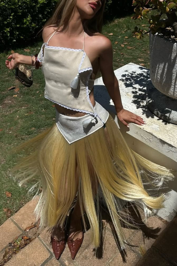 Fashionable Lace Appliqué Tassel Hem Vacation Maxi Skirt