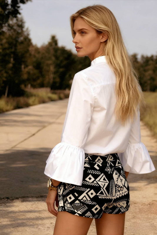 Blouse Office Arm - V Button Women's Flare Up White Neck Blouse