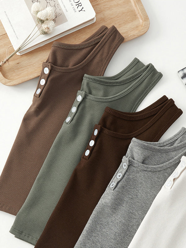 Plain Crewneck Buttoned Slim Tank Top